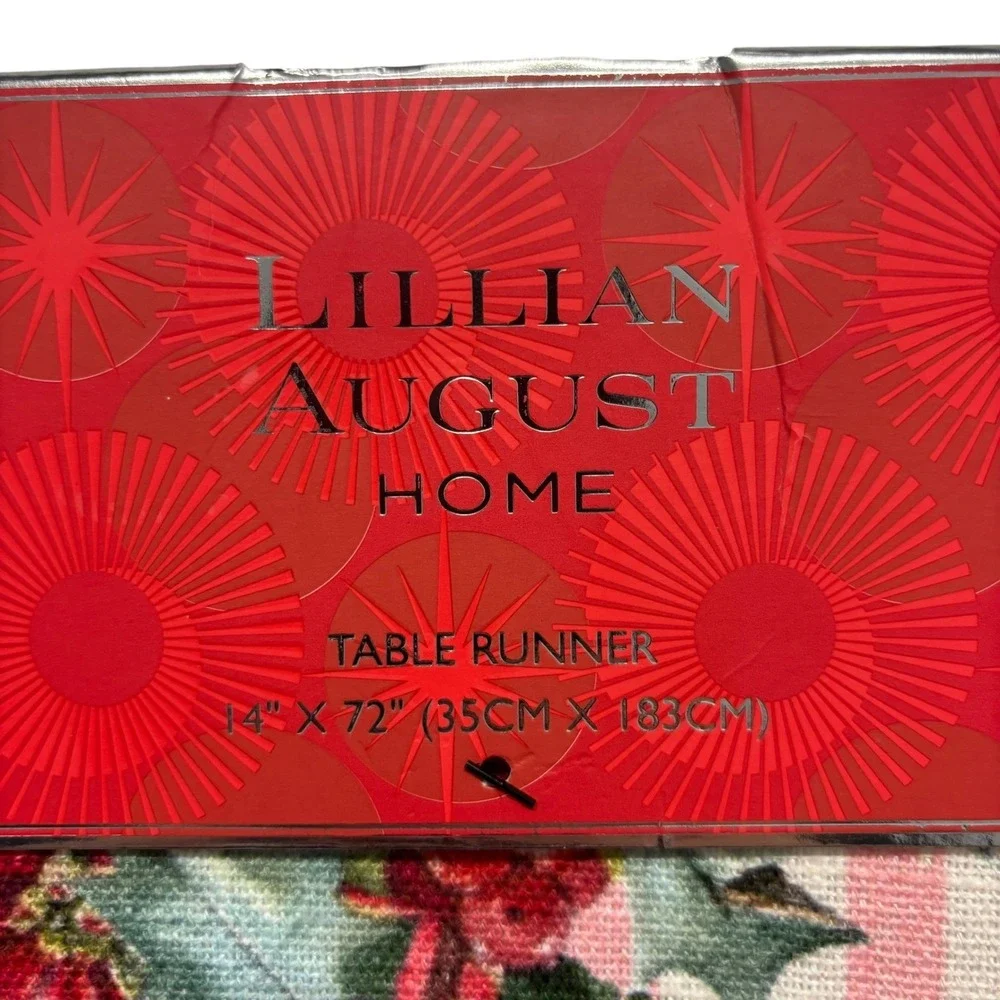 Lillian August Home Christmas Poinsettia Striped Table Runner Pink Red 14x72 NEW